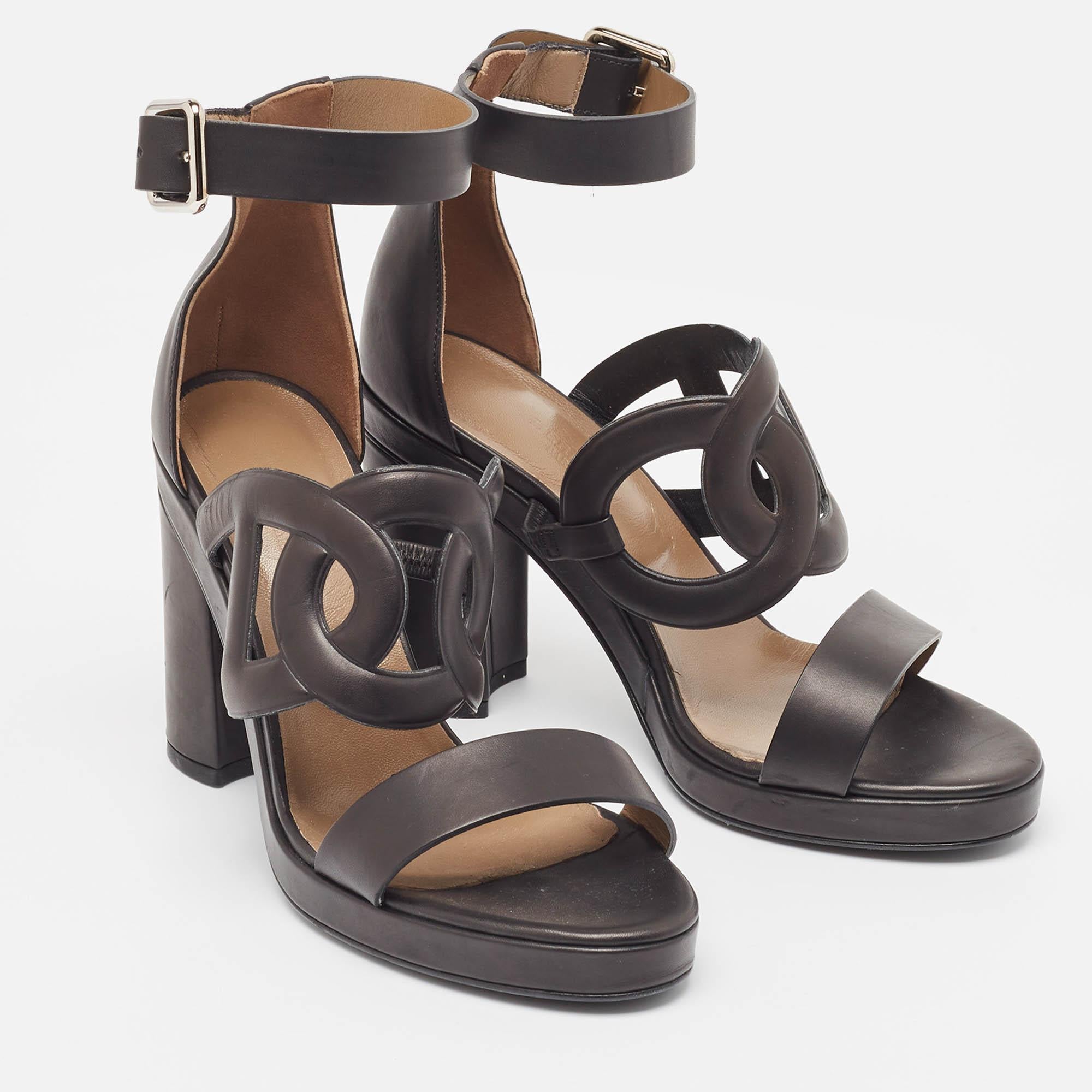 Hermes Black Leather Block Heel Ankle Strap Sandals Size 39 For Sale 2