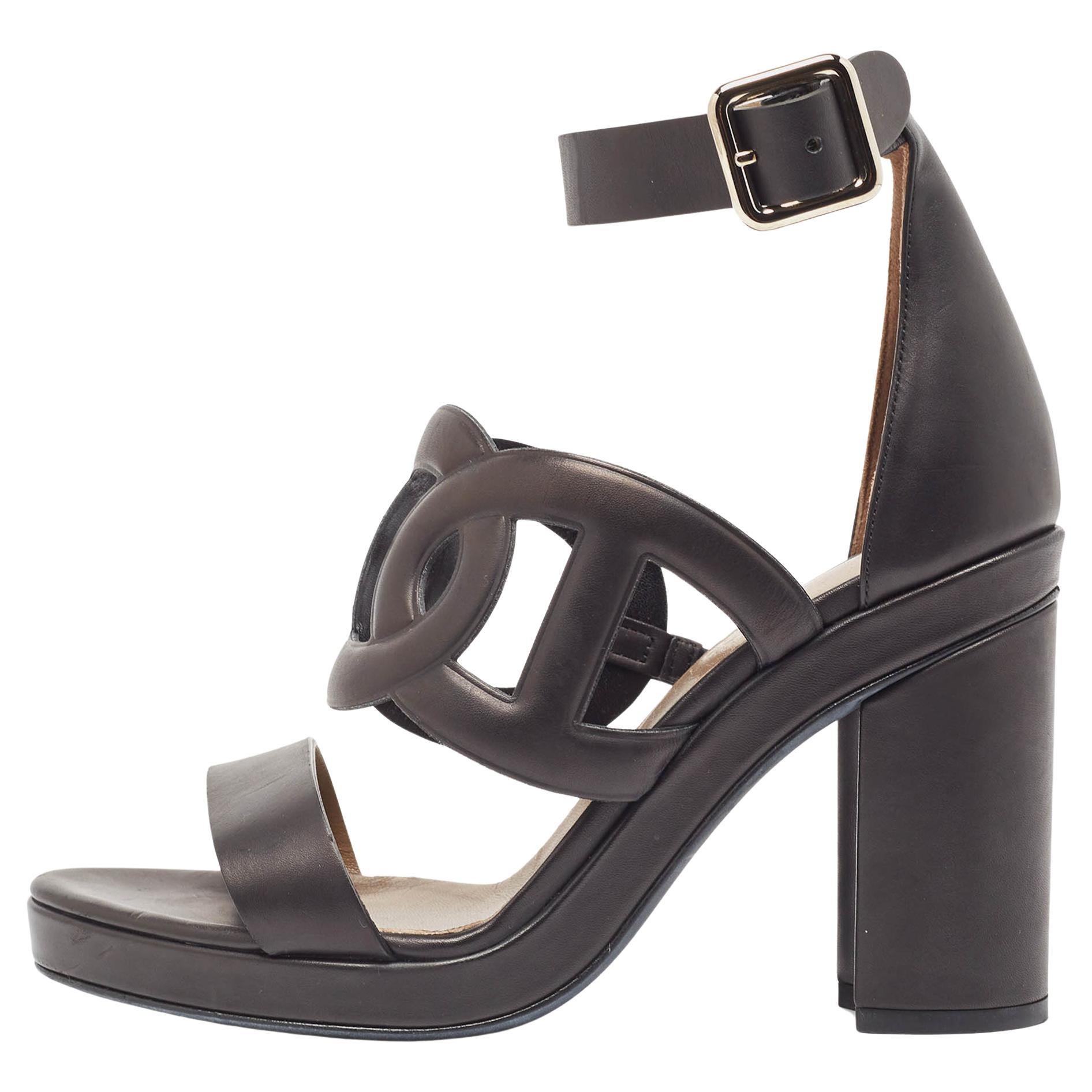 Hermes Black Leather Block Heel Ankle Strap Sandals Size 39 For Sale