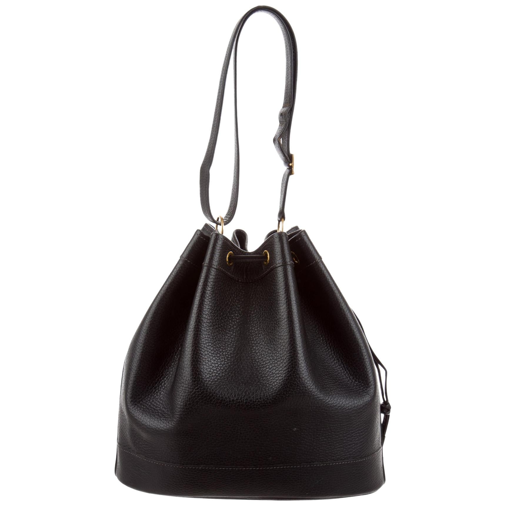 Hermes Black Leather Bucket Drawstring Carryall Shoulder Bag