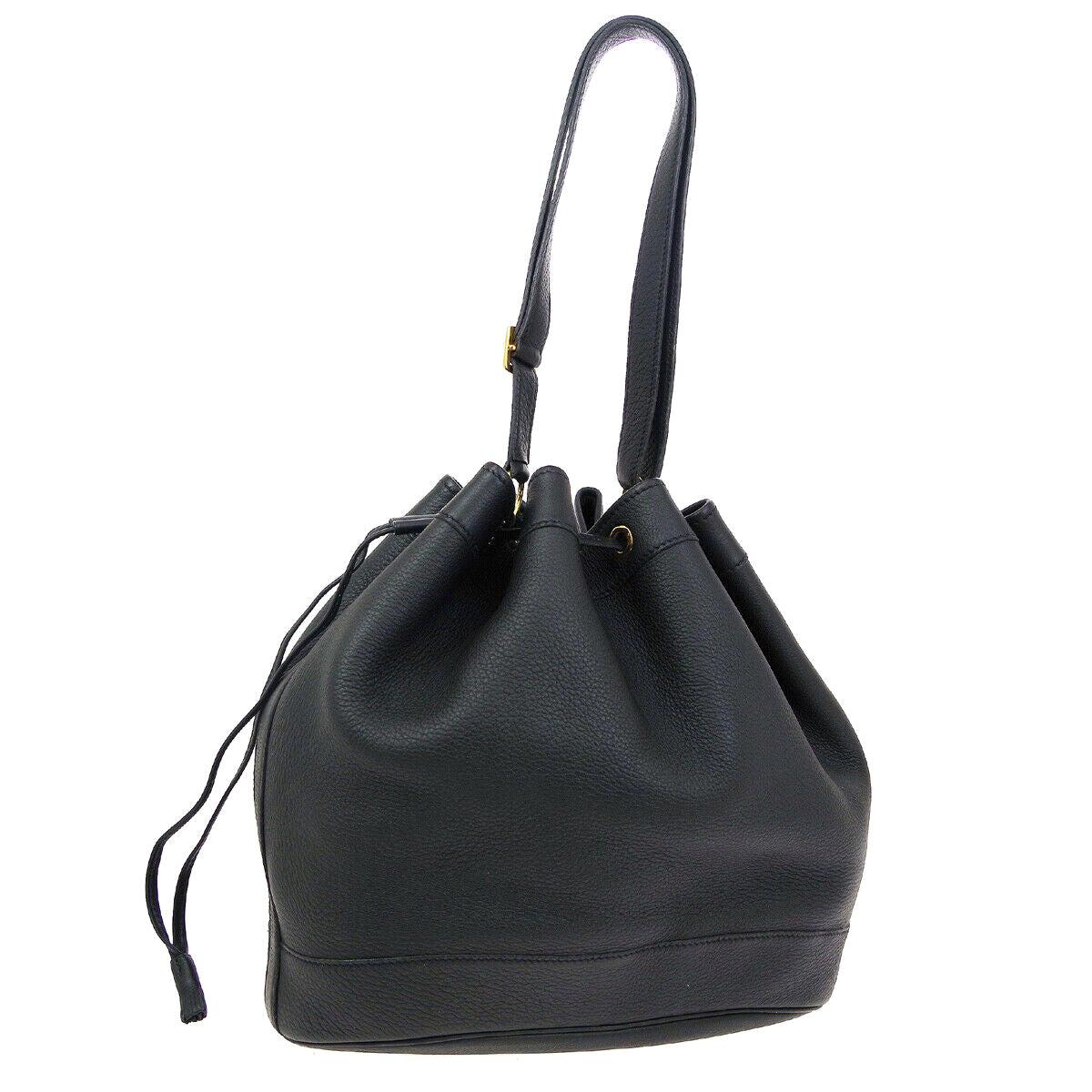 Hermes Black Leather Bucket Gold Drawstring Carryall Shoulder Bag