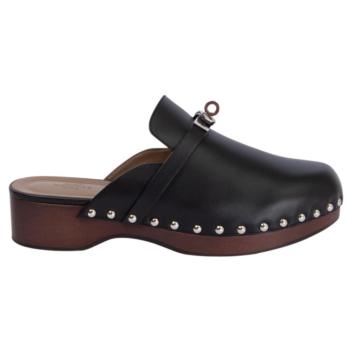 HERMES black leather CARLOTTA Clogs Mules Flats Shoes 38