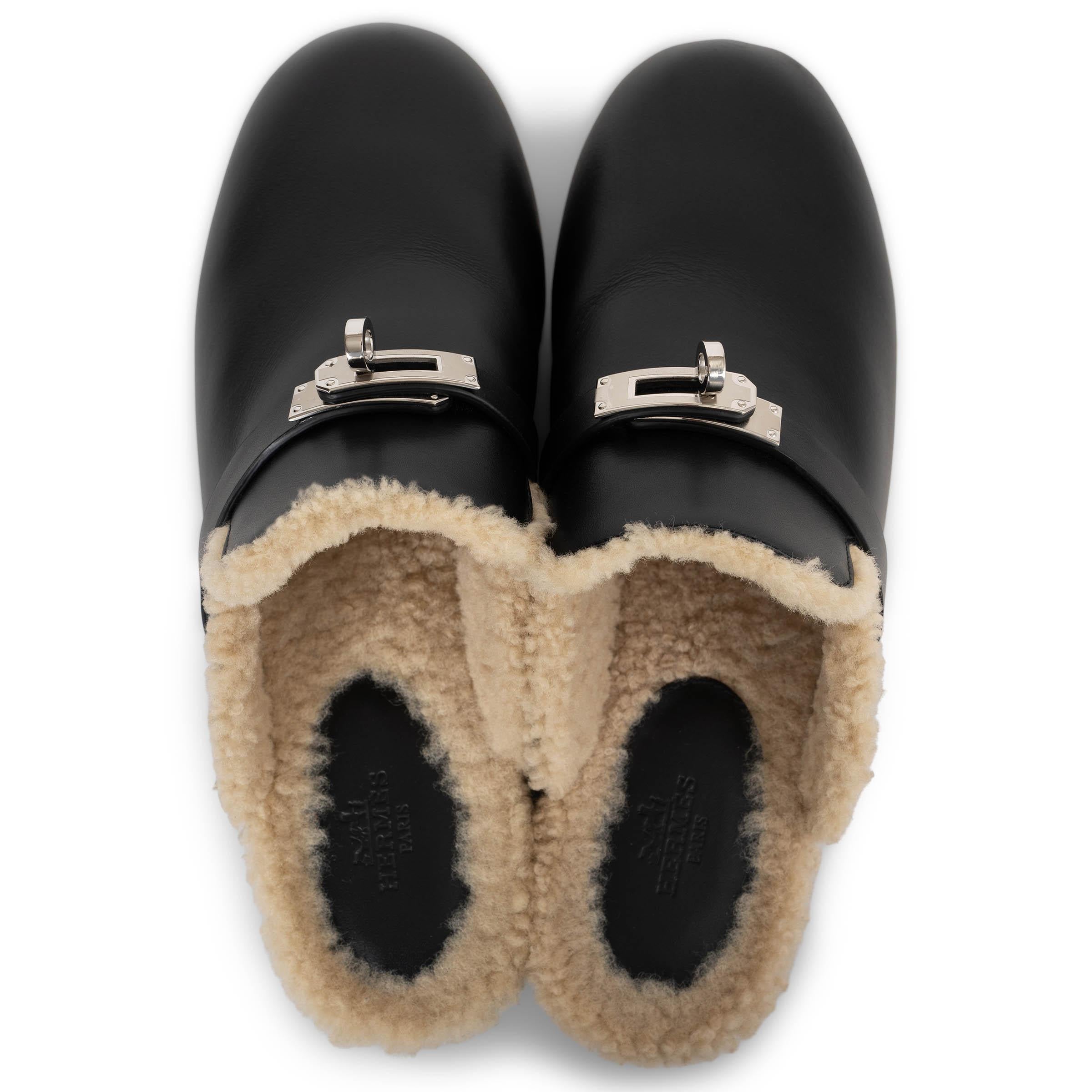 Donna HERMES pelle nera CARLOTTA SHEARLING Scarpe basse 38 in vendita