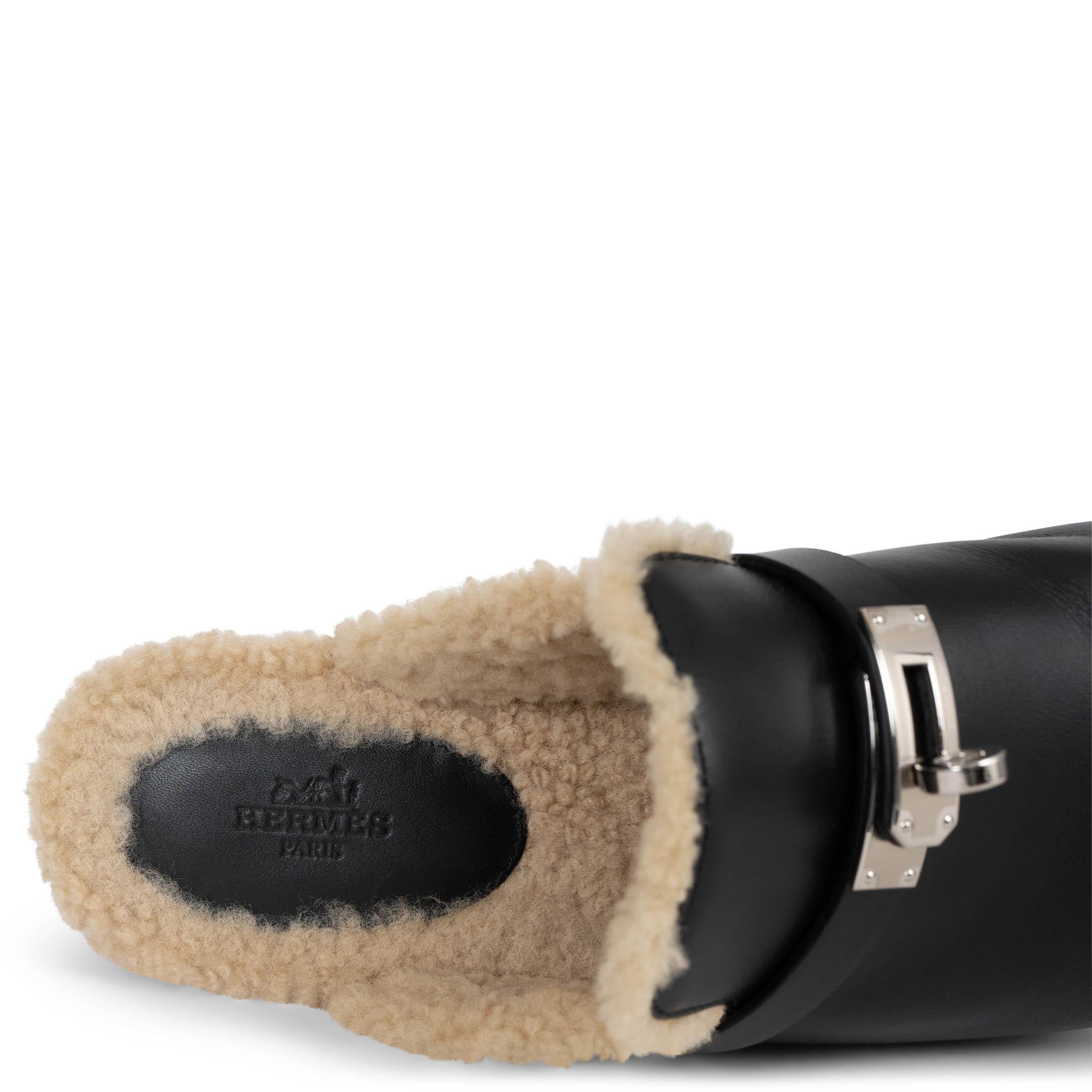 HERMES pelle nera CARLOTTA SHEARLING Scarpe basse 38 in vendita 2