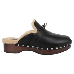 HERMES pelle nera CARLOTTA SHEARLING Scarpe basse 38