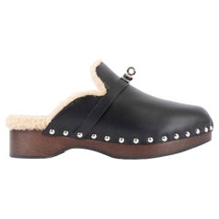 HERMES black leather CARLOTTA SHEARLING Clogs Mules Flats Shoes 38 fit 37.5