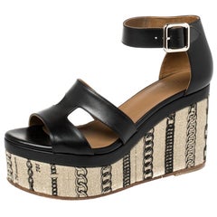 Hermes Black Leather Chain Print Wedge Sandals Size 37.5