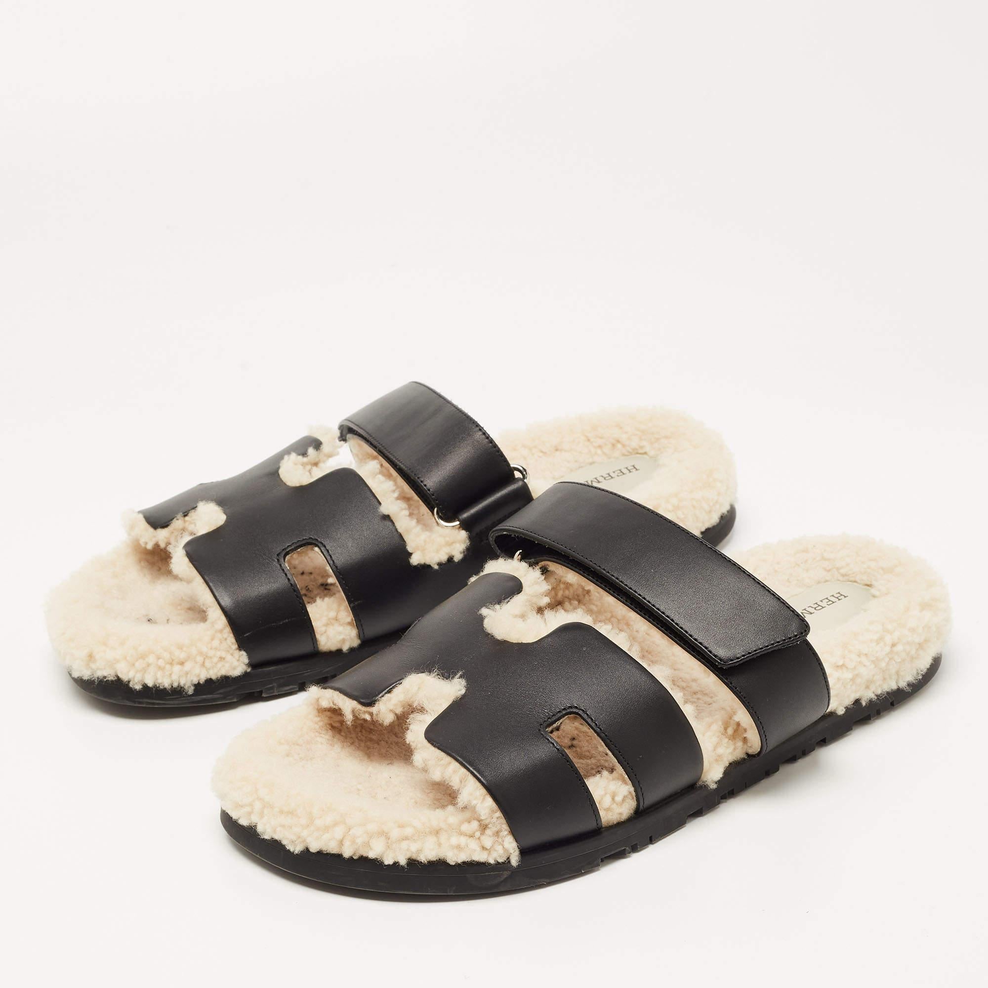 Hermes Black Leather Chypre Sandals 1