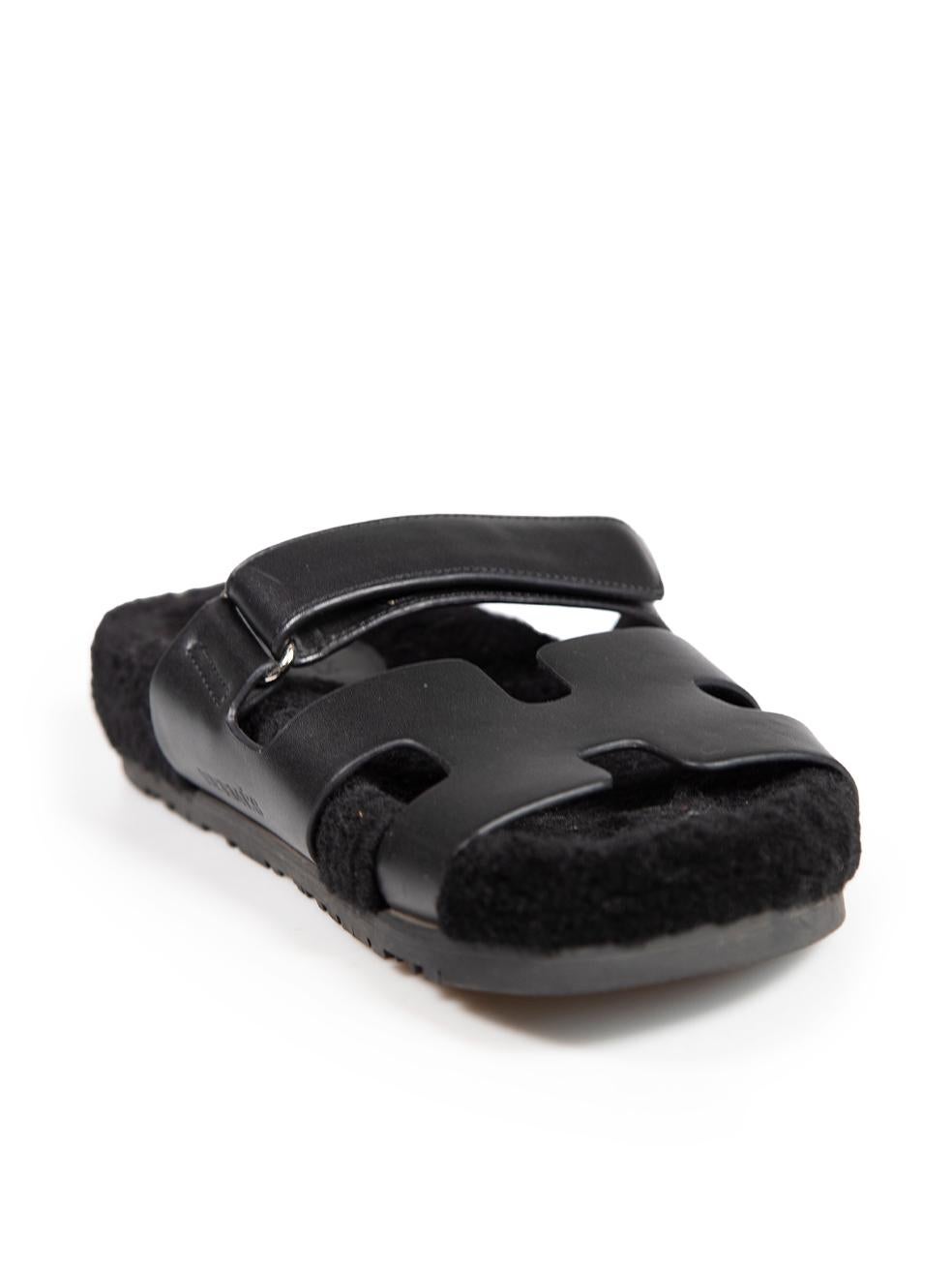 CONDITION is Very good. Minimal wear to sandals is evident. Minimal wear to the insoles is seen with the toe imprints and some abrasions on the straps on this used Hermès designer resale item.
 
 
 
 Details
 
 
 Model: Chypre
 
 Black
 
 Leather
 
