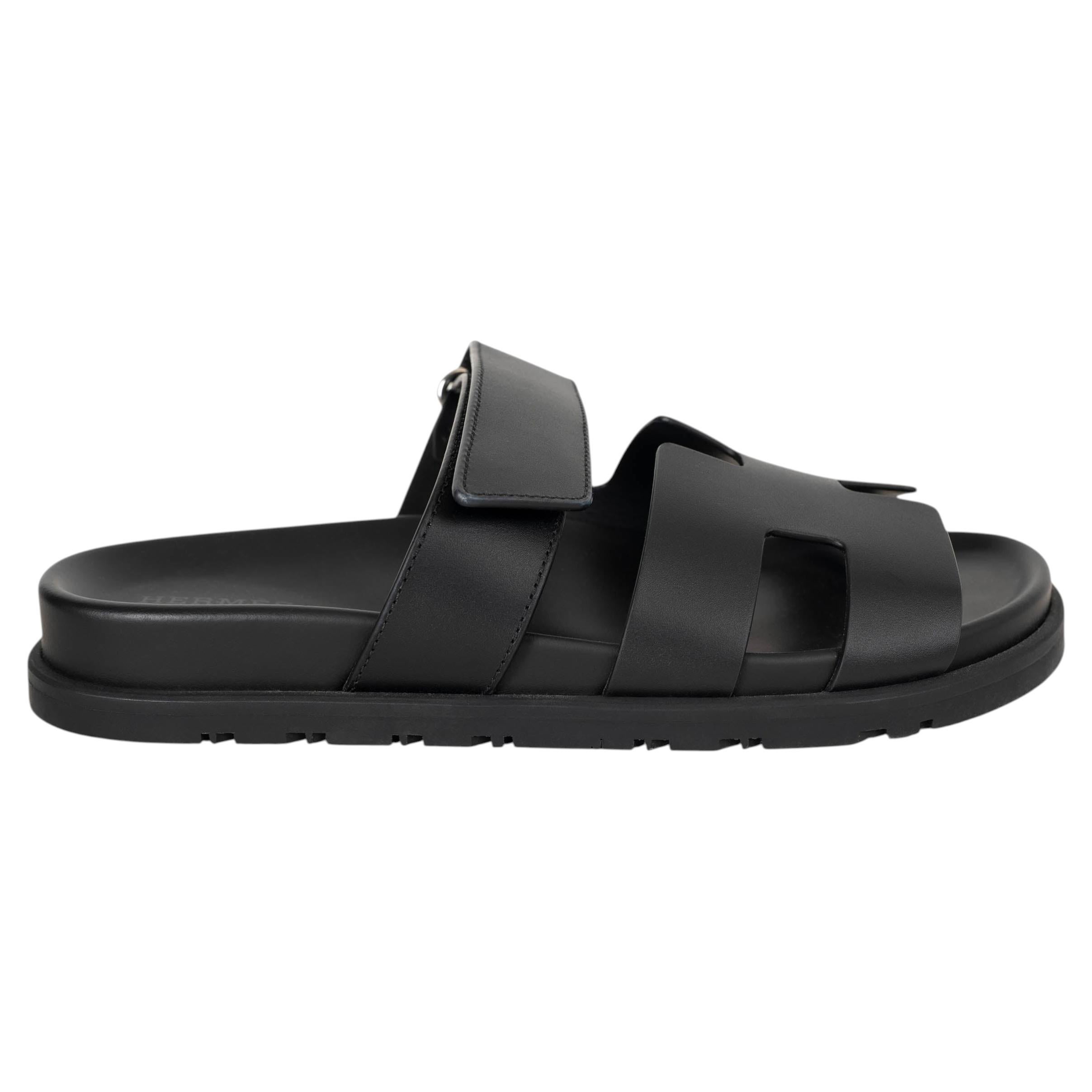Hermes Men's Shoes Flat Izmir Sandal Shearling Black 42 / 9 For