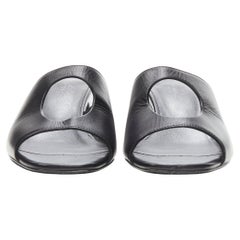 HERMES black leather circle cut out heel open toe mule slipper sandal EU37