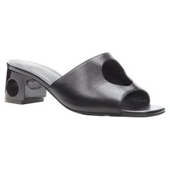 HERMES black leather circle cut out heel open toe mule slipper sandal EU37