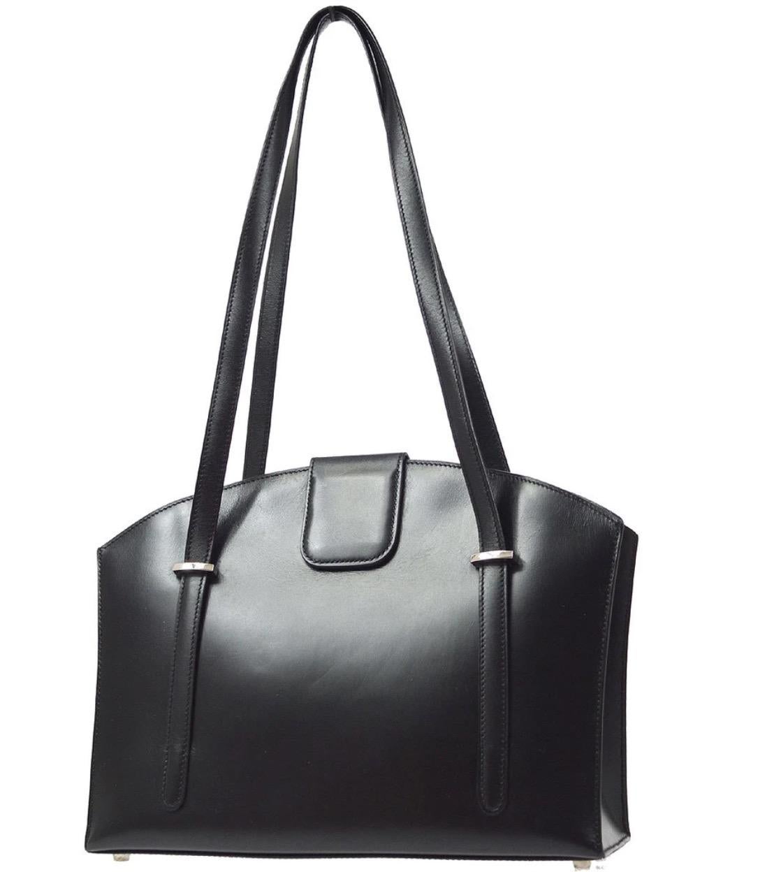 Hermes Black Leather Clock Top Handle Satchel Shoulder Tote Carryall Bag In Good Condition In Chicago, IL
