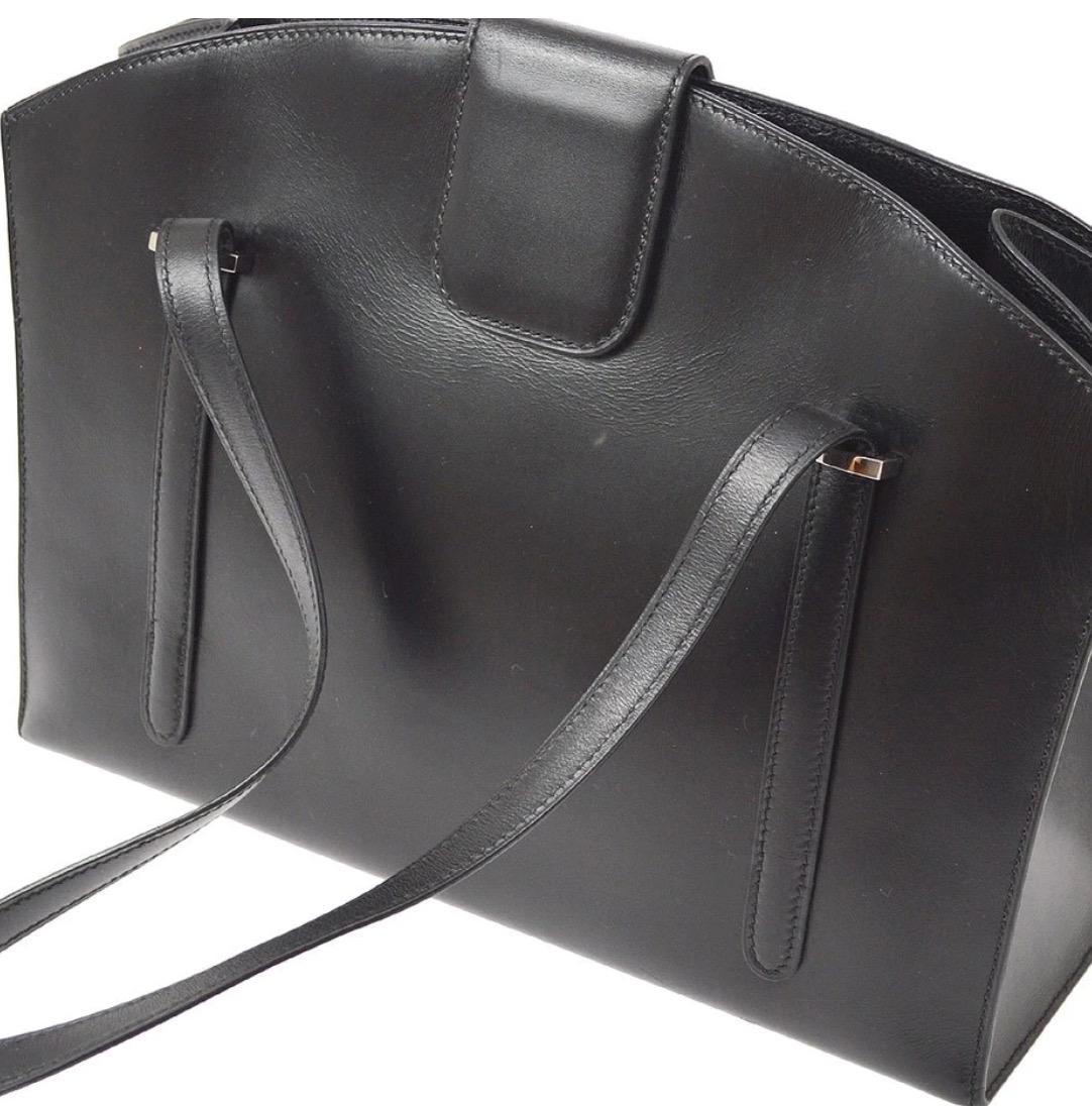 Women's Hermes Black Leather Clock Top Handle Satchel Shoulder Tote Carryall Bag