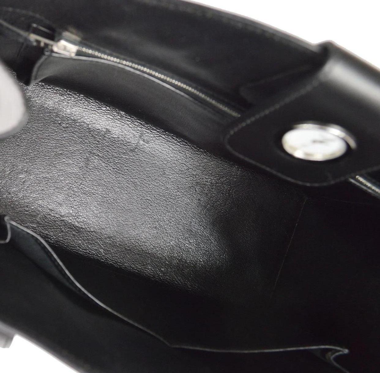 Hermes Black Leather Clock Top Handle Satchel Shoulder Tote Carryall Bag 1