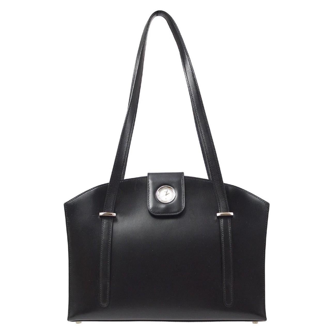 Hermes Black Leather Clock Top Handle Satchel Shoulder Tote Carryall Bag