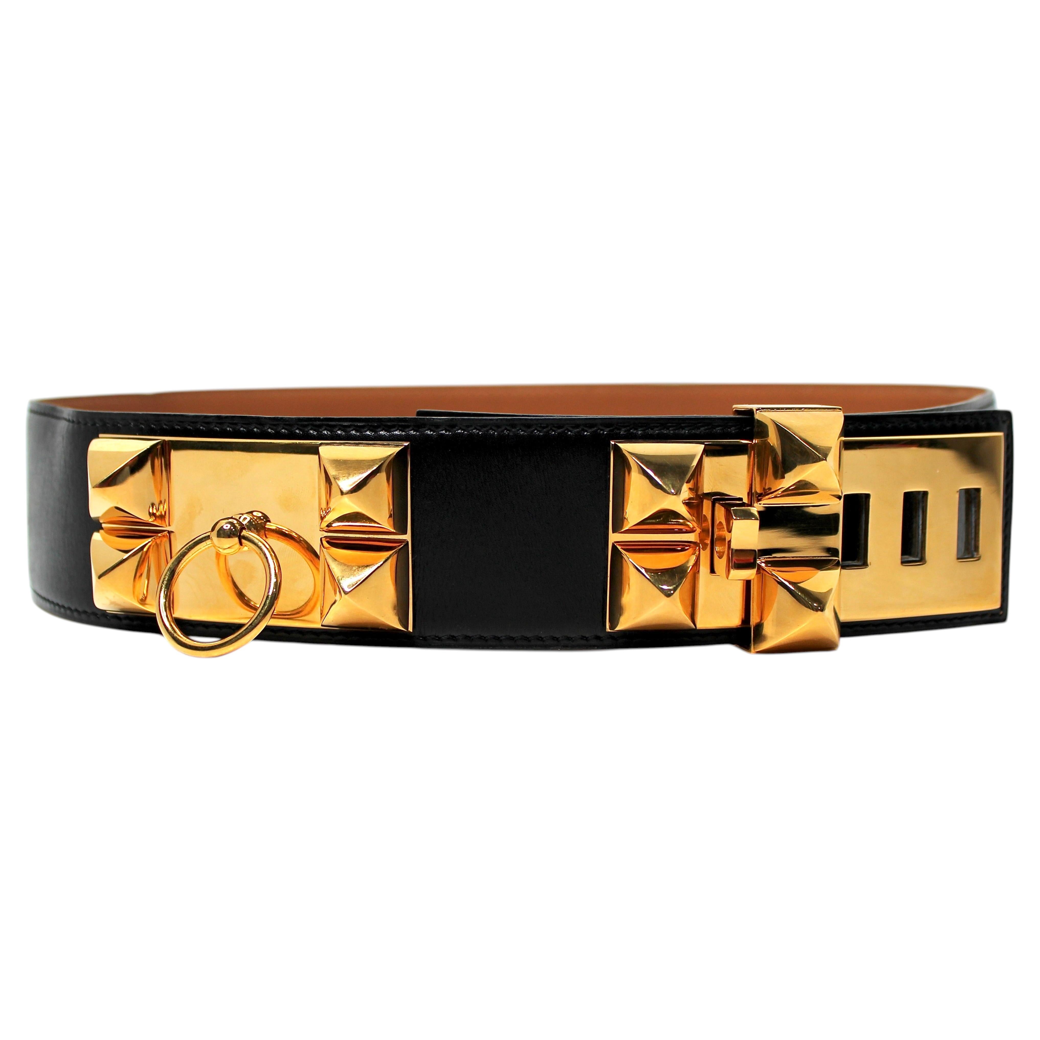 Hermès Black Leather Collier de Chien 50 Belt For Sale
