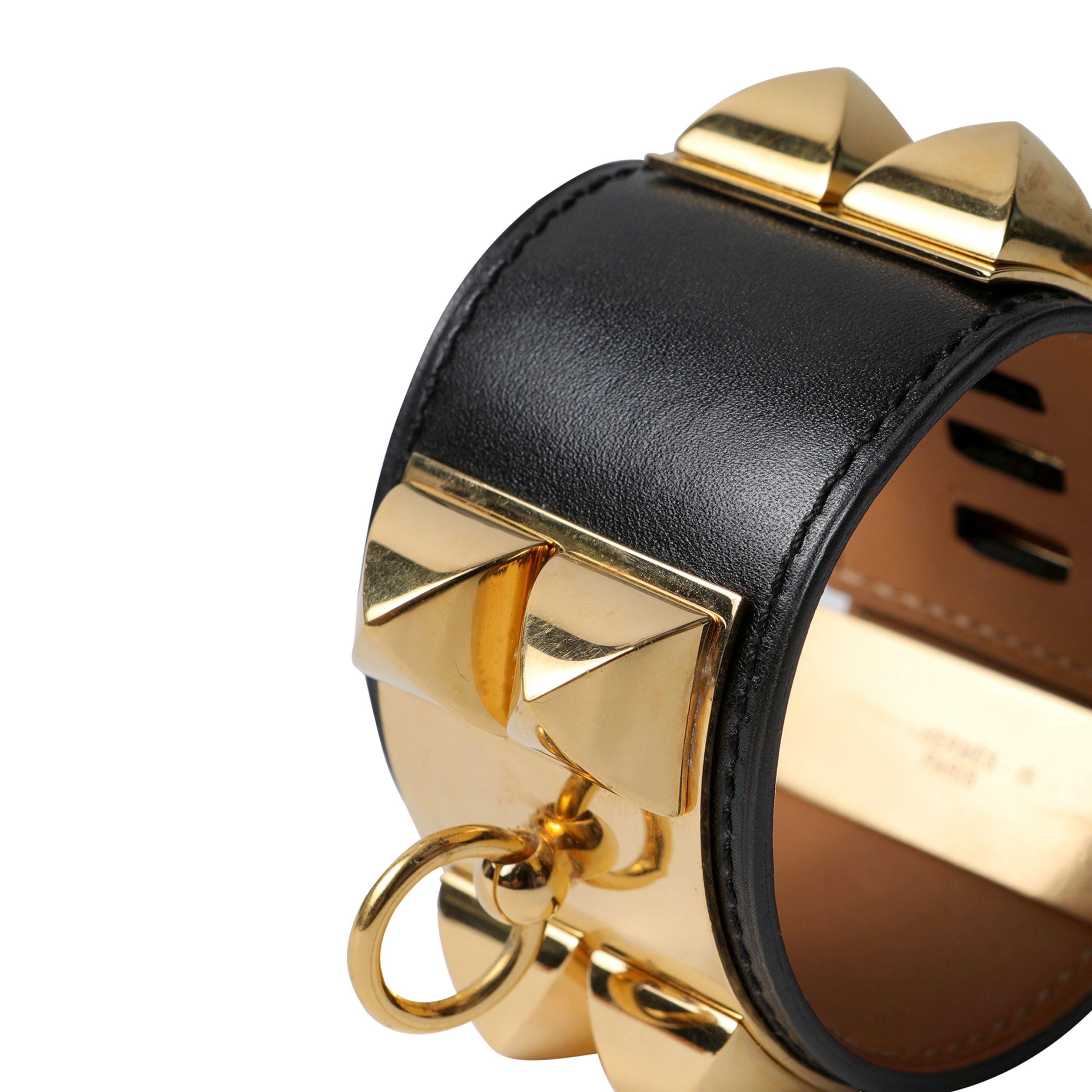 Manchette Collier de Chien CDC en cuir noir et métal doré Hermès en vente 1