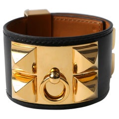 Hermès Black Leather Collier de Chien CDC Cuff with Gold Hardware