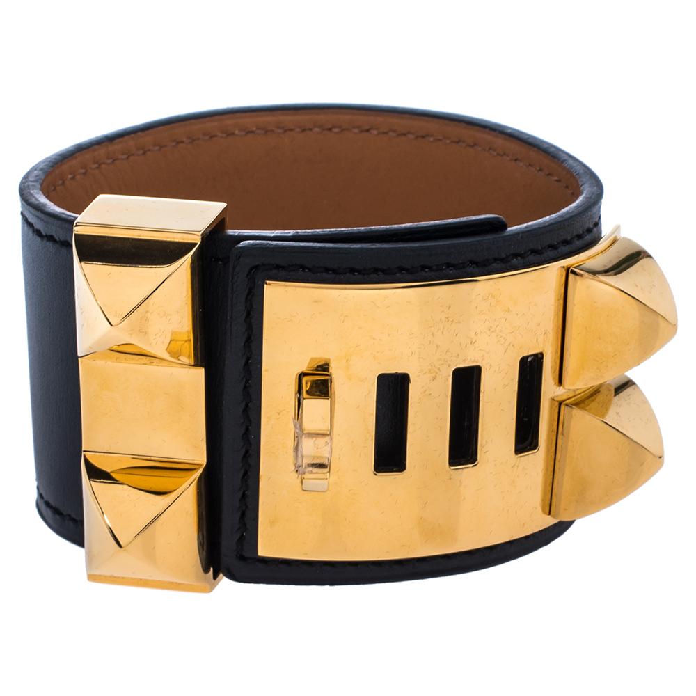 Hermès Black Leather Collier de Chien Cuff Bracelet S In Excellent Condition In Dubai, Al Qouz 2