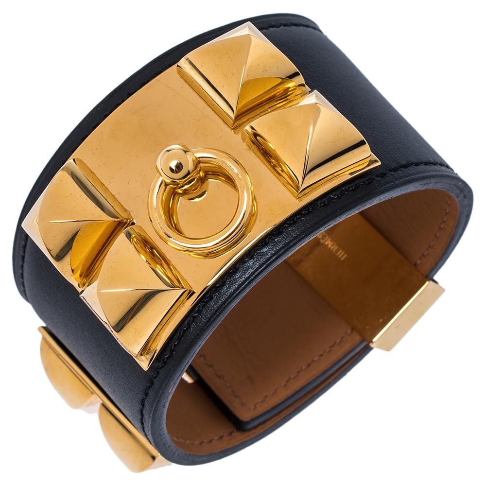 Hermès Black Leather Collier de Chien Cuff Bracelet S 2