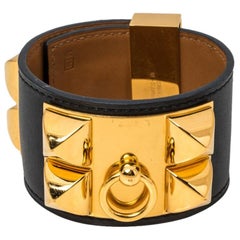 Hermès Black Leather Collier de Chien Cuff Bracelet S