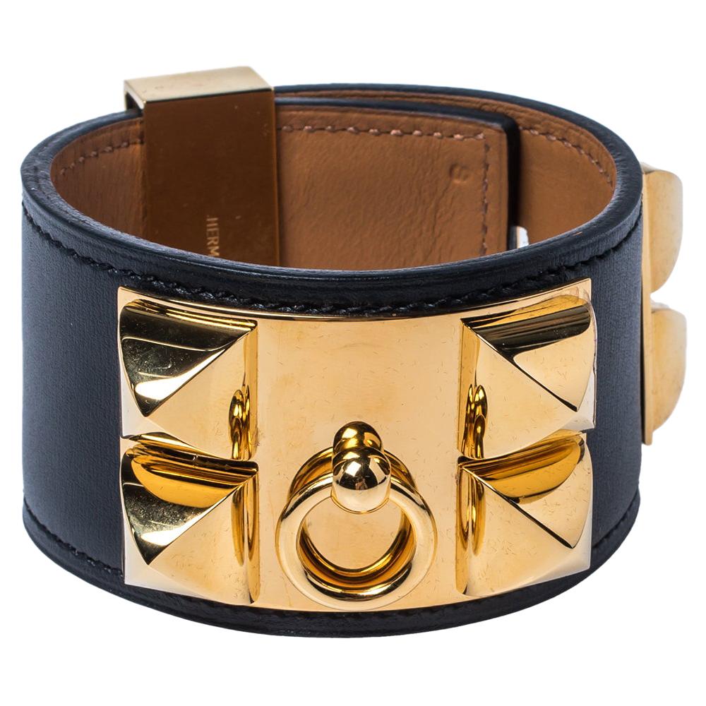 Hermès Black Leather Collier de Chien Cuff Bracelet S