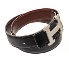 Hermes Black Leather Constance H Belt with leather, silver-tone hardware