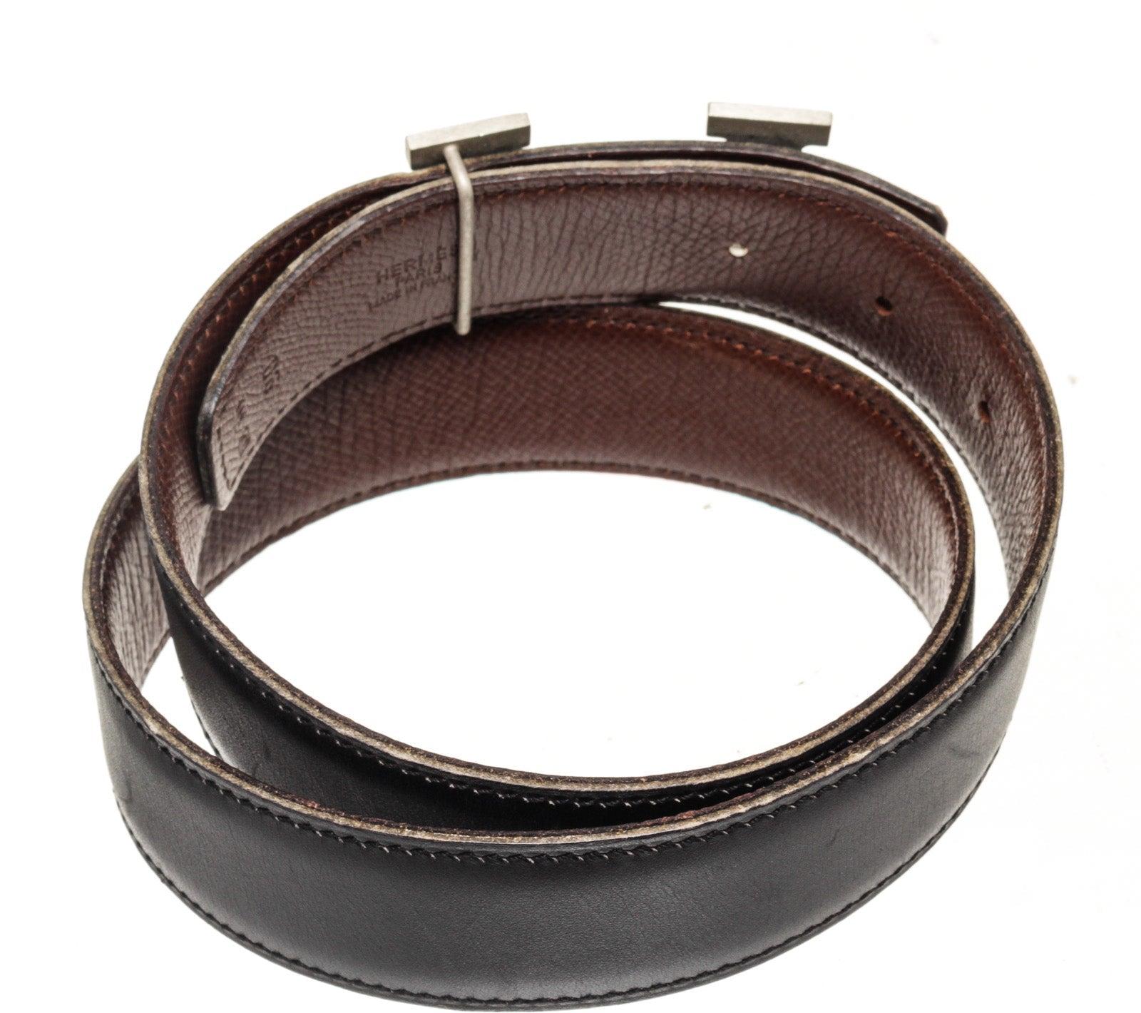 Hermes Black Leather Constance H Belt with leather, silver-tone hardware In Good Condition In Irvine, CA