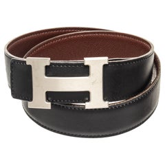 Hermes Black Leather Constance H Belt with leather, silver-tone hardware 
