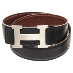 Hermes Black Leather Constance H Belt with leather, silver-tone hardware
