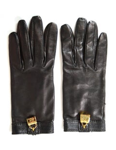 Hermes Black Leather Constance/Kelly Charm Gloves sz 7.5