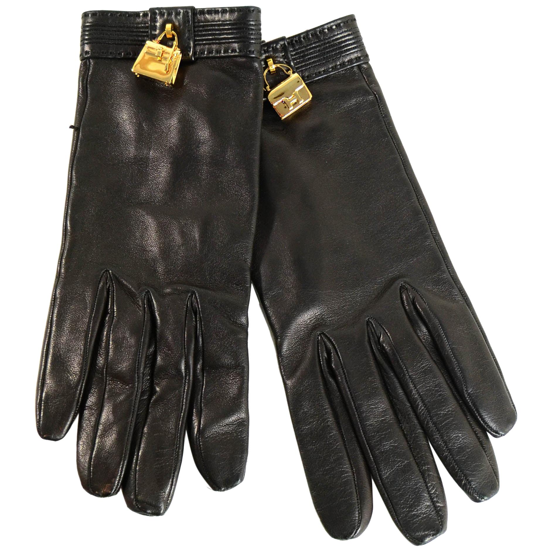 Hermes Black Leather Constance/Kelly Charm Gloves sz 7.5