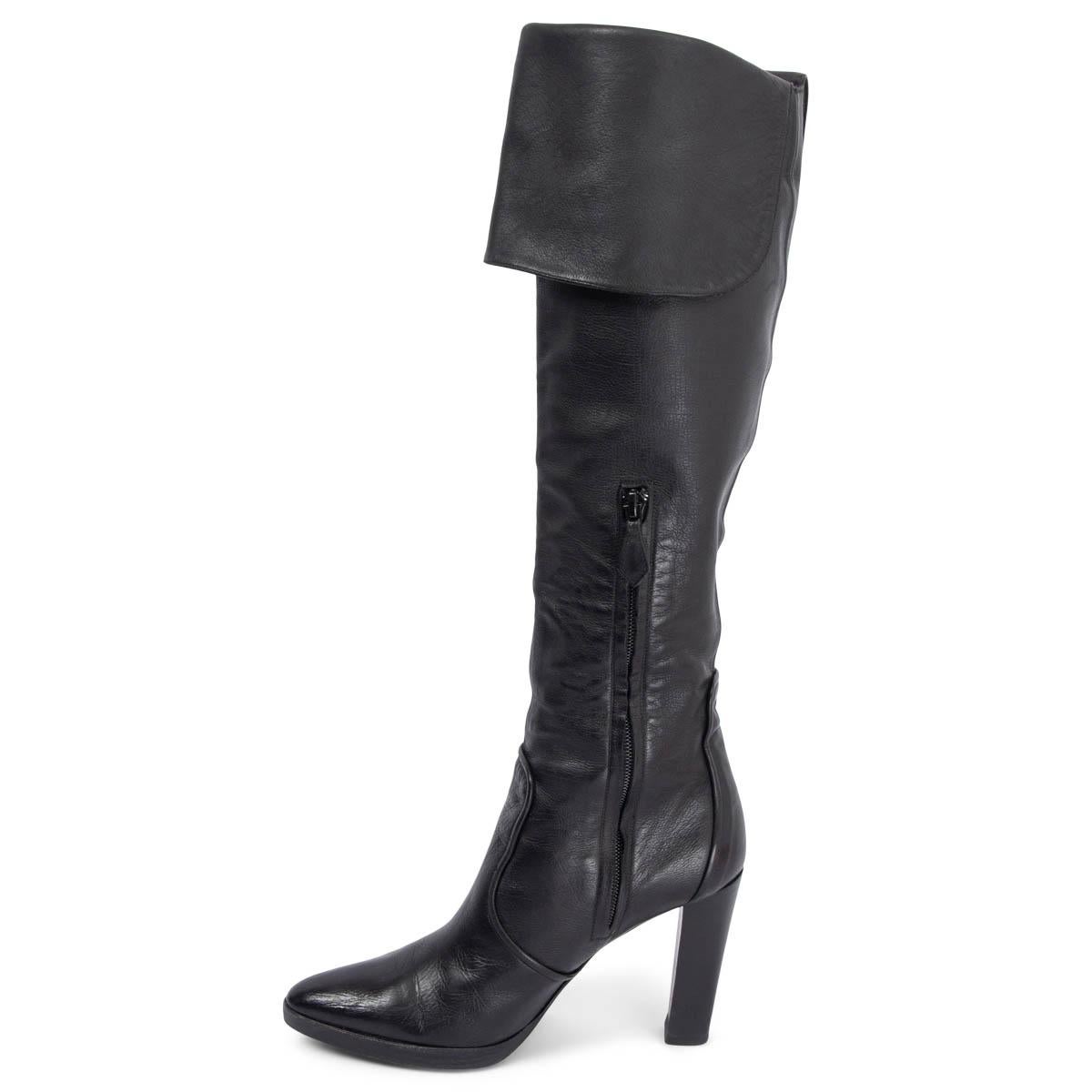 Black HERMES black leather CRUSADER Knee High Platform Boots Shoes 38 For Sale