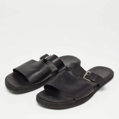 Hermes Black Leather Double Strap Slides Size 43