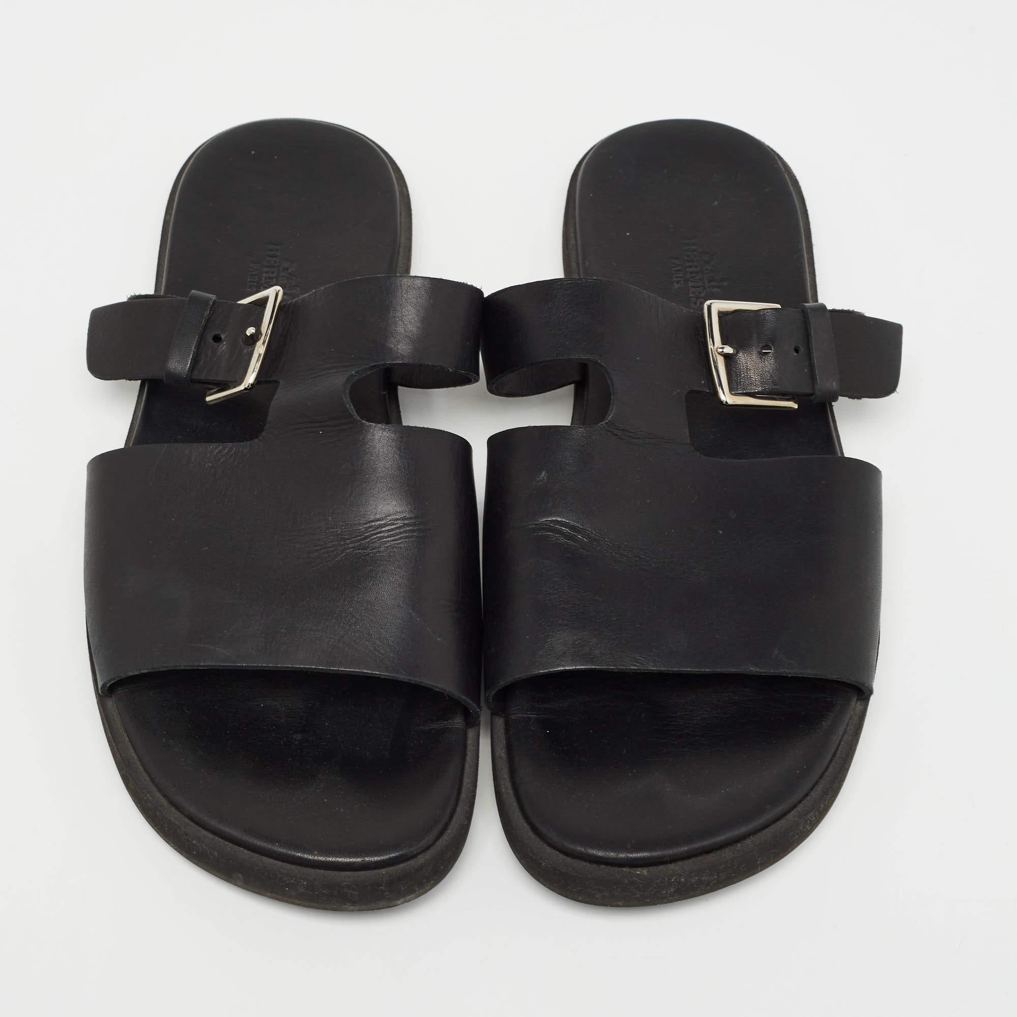 Men's Hermes Black Leather Double Strap Slides Size 43