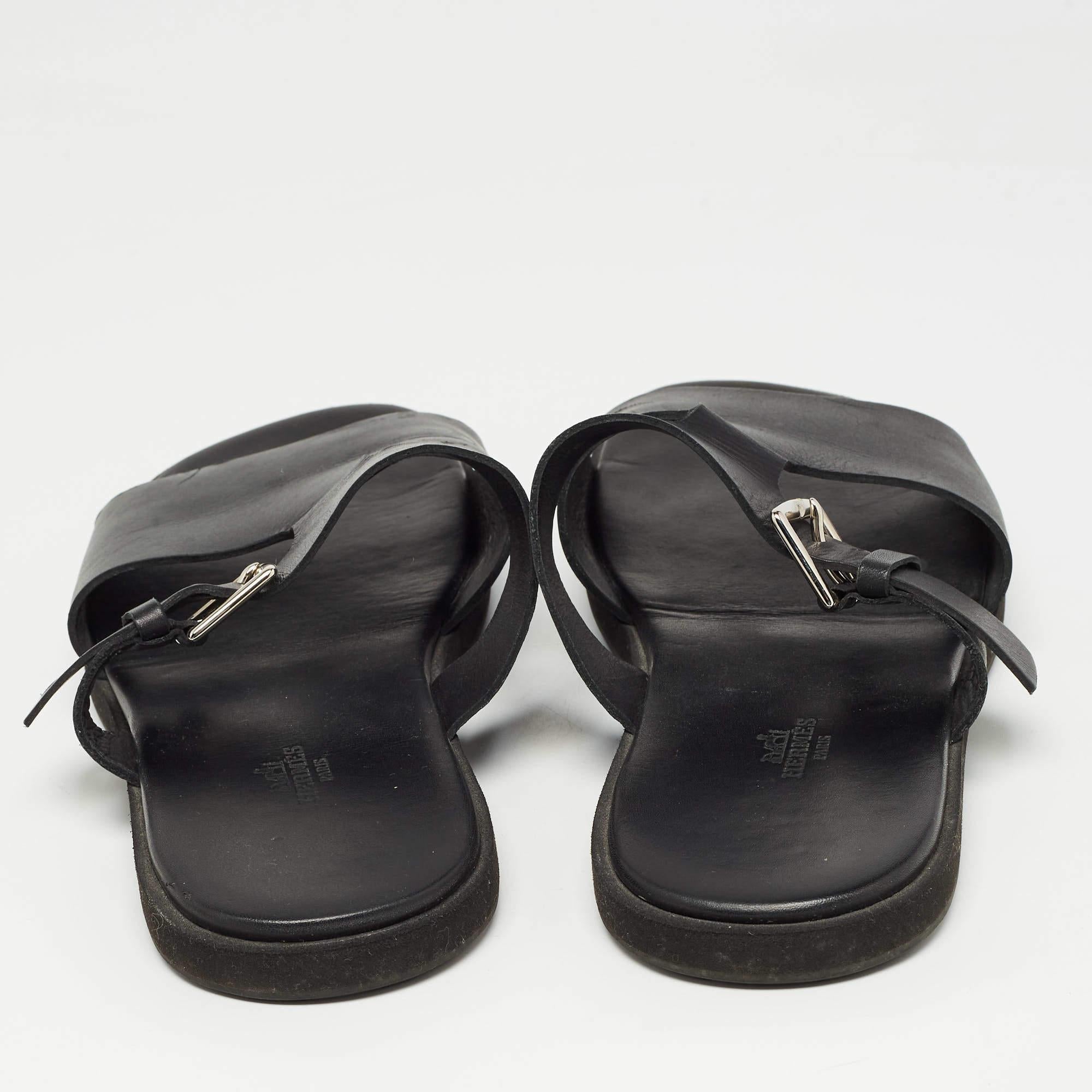 Hermes Black Leather Double Strap Slides Size 43 3