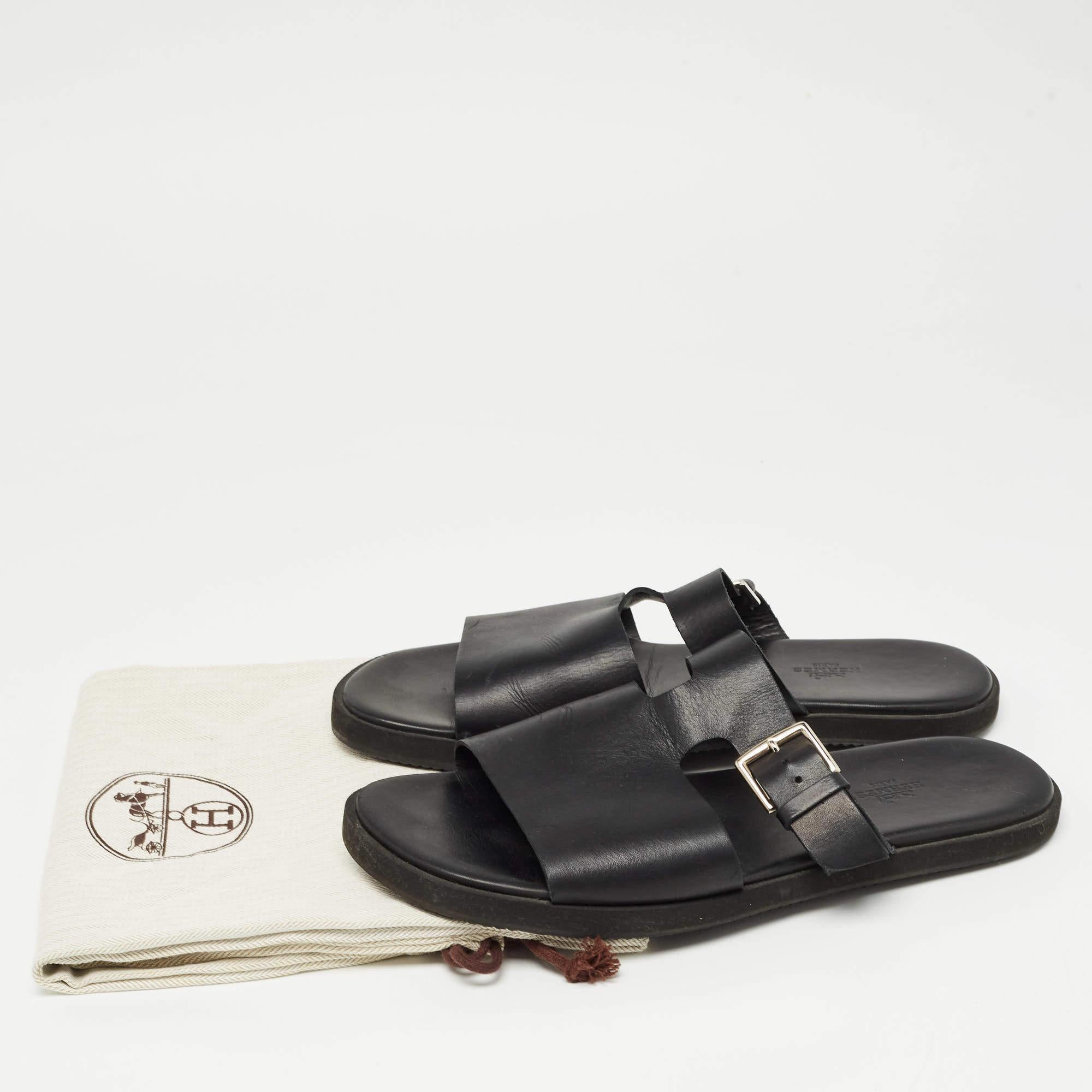 Hermes Black Leather Double Strap Slides Size 43 5