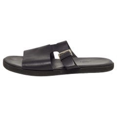 Hermes Black Leather Double Strap Slides Size 43