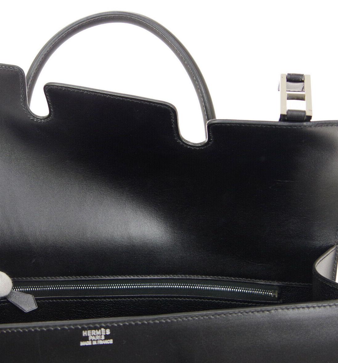 Hermes Black Leather Drag Silver Buckle Top Handle Satchel Flap Bag  1