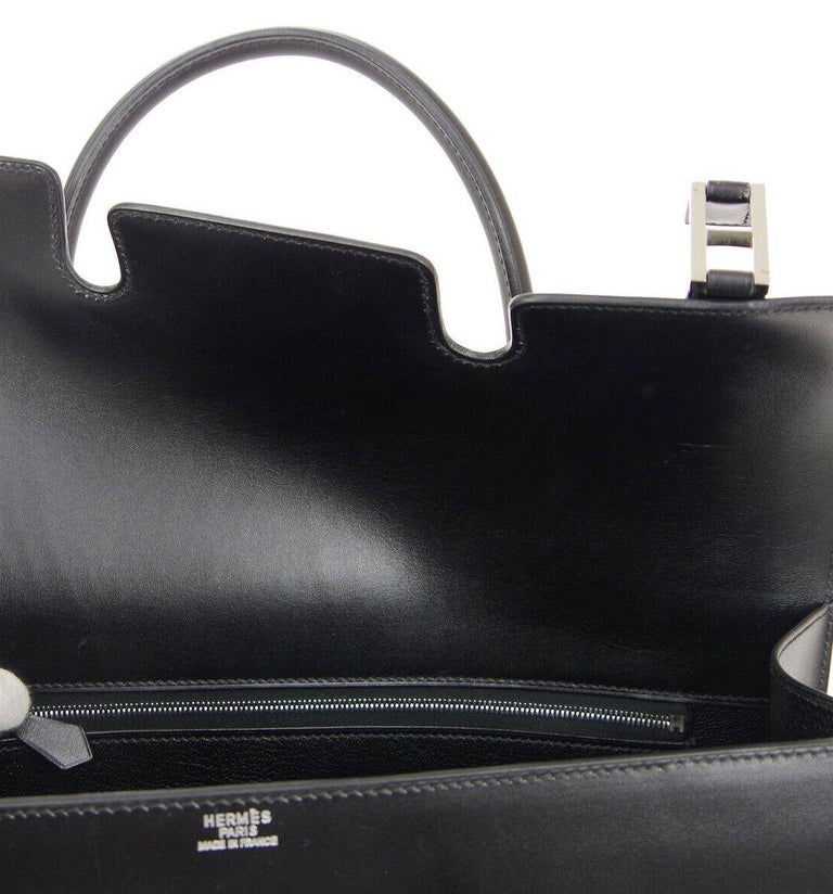 Hermes Black Leather Drag Silver Buckle Top Handle Satchel Flap Bag For ...