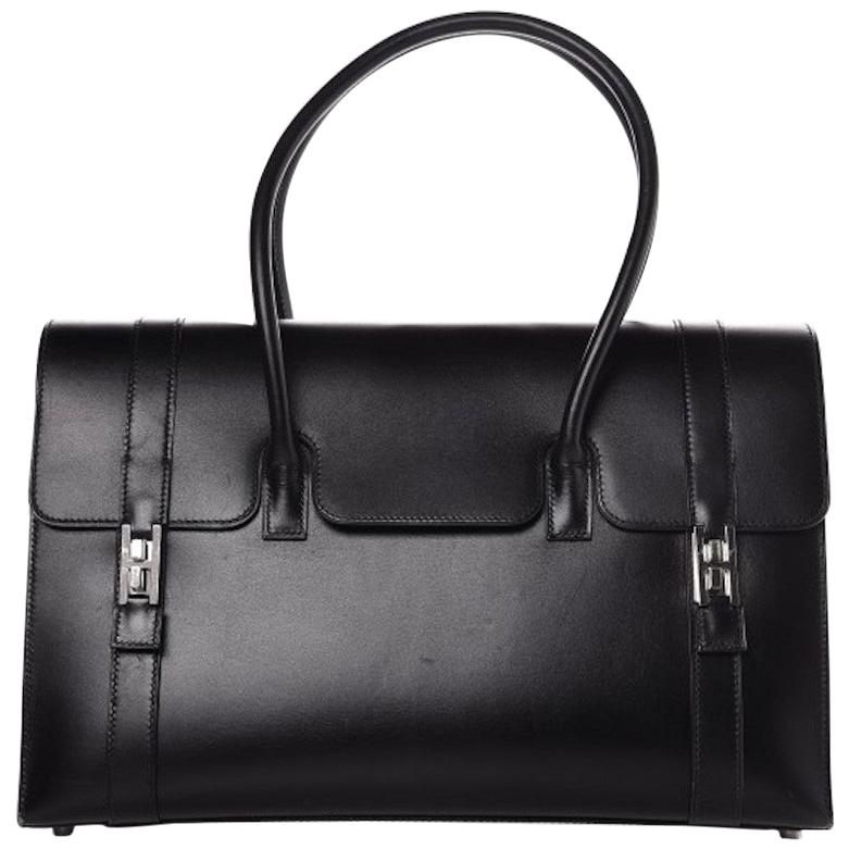 Hermes Black Leather Drag Silver Buckle Top Handle Satchel Flap Bag 