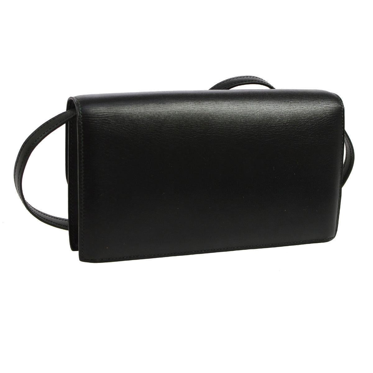 Women's Hermes Black Leather Evening 2 in 1 Clutch Shoulder Flap Bag