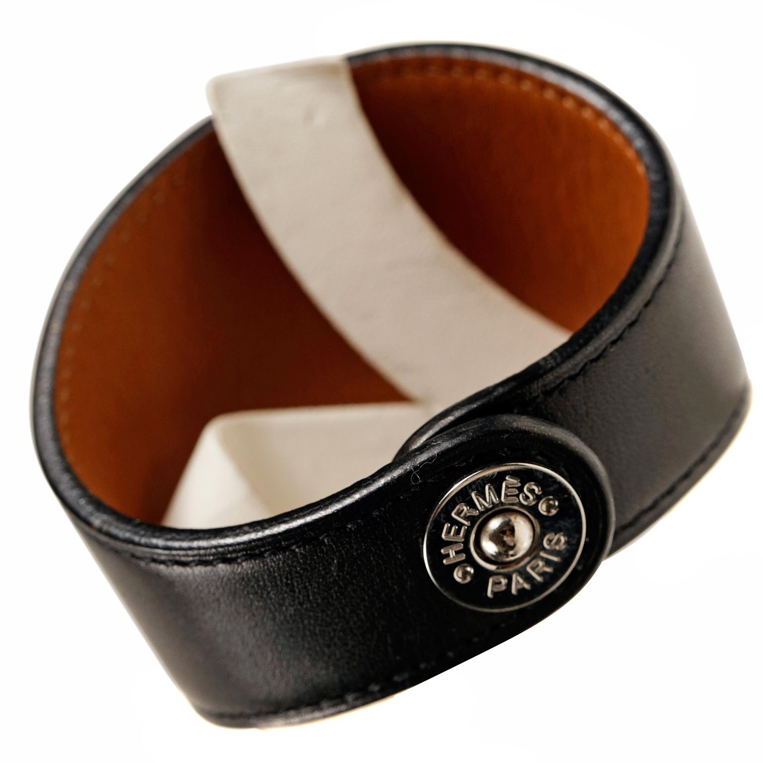 Women's or Men's Hermès Black Leather Ex Libris Cuff Bracelet