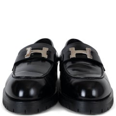 HERMES black leather FAUBOURG Loafers Shoes 38
