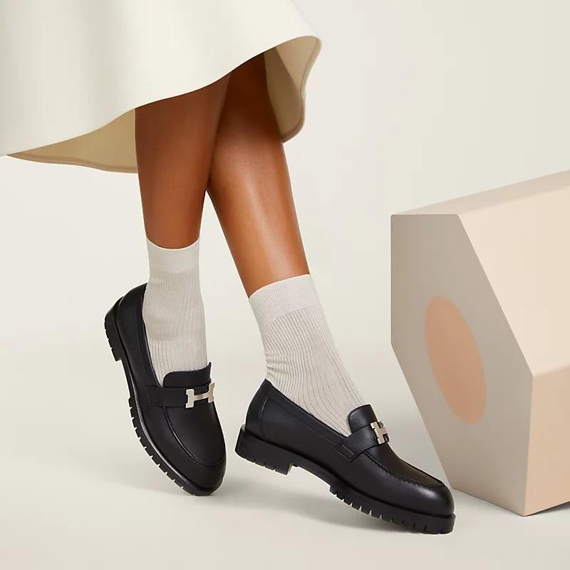 HERMES cuir noir FAUBOURG Mocassins Chaussures 38 en vente 4