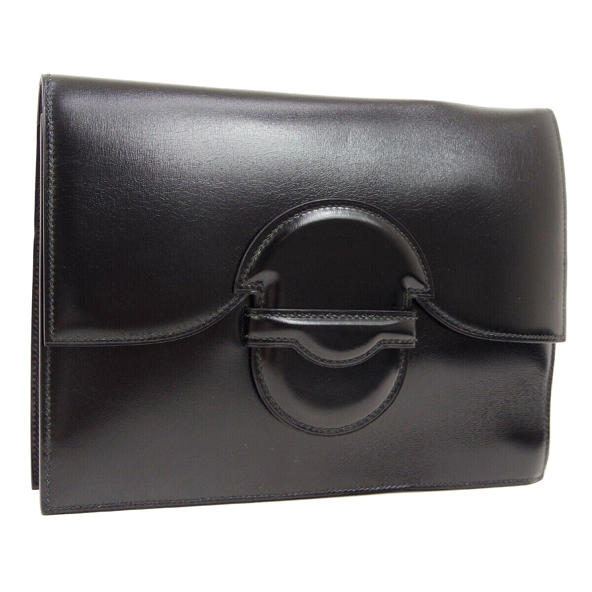 Hermes Black Leather Fold In Buckle Envelope Evening Flap Clutch Bag
