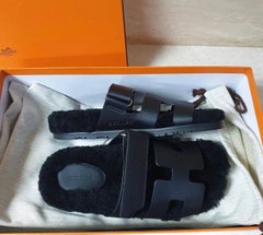 Hermes Black Leather Fur Chypre Sandal