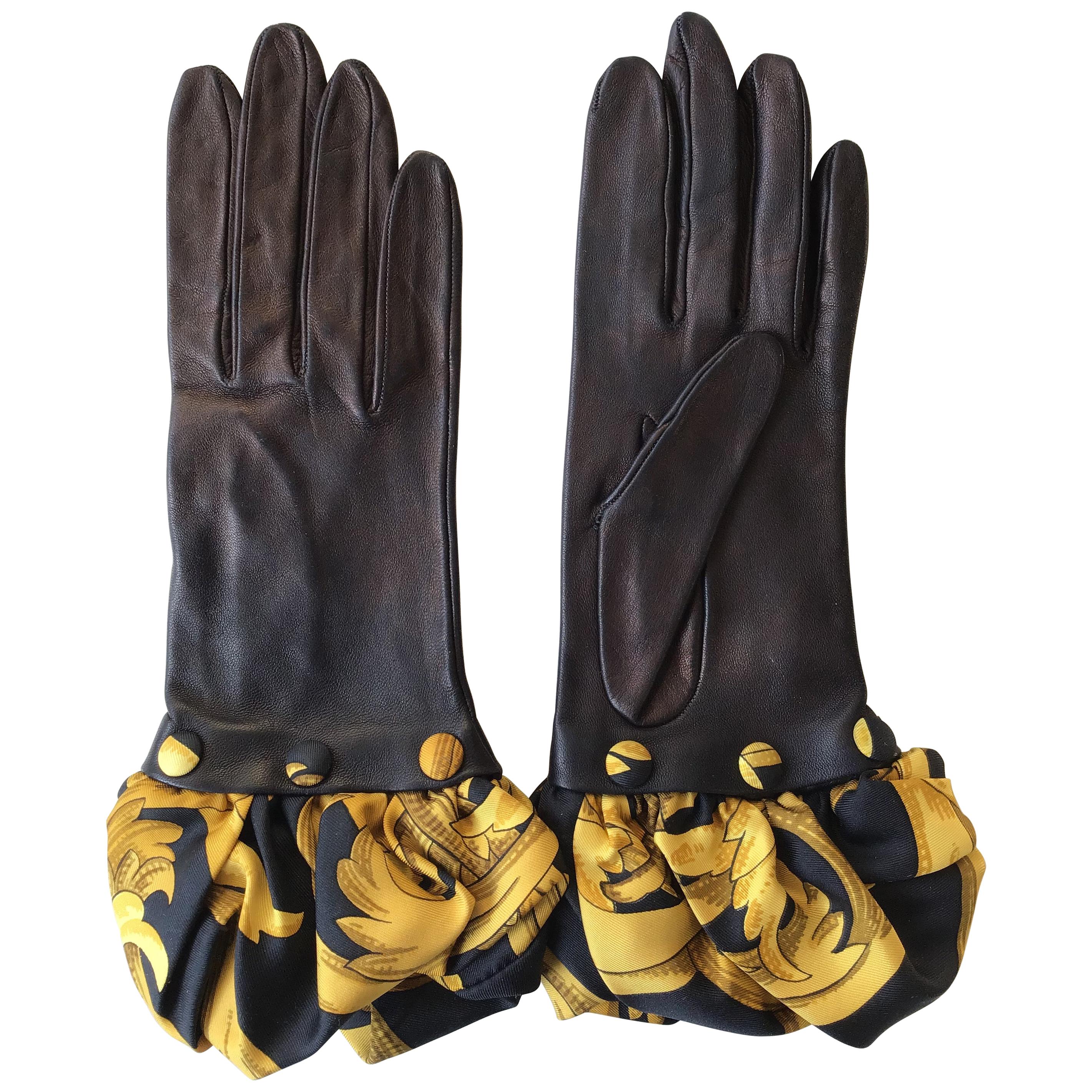 Hermes Black Leather Gloves with Optional Silk Cuffs For Sale