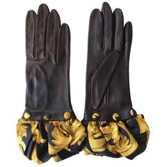 Hermes Black Leather Gloves with Optional Silk Cuffs