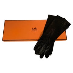 Hermes Black Leather Gloves with Silk Lining in Original Box